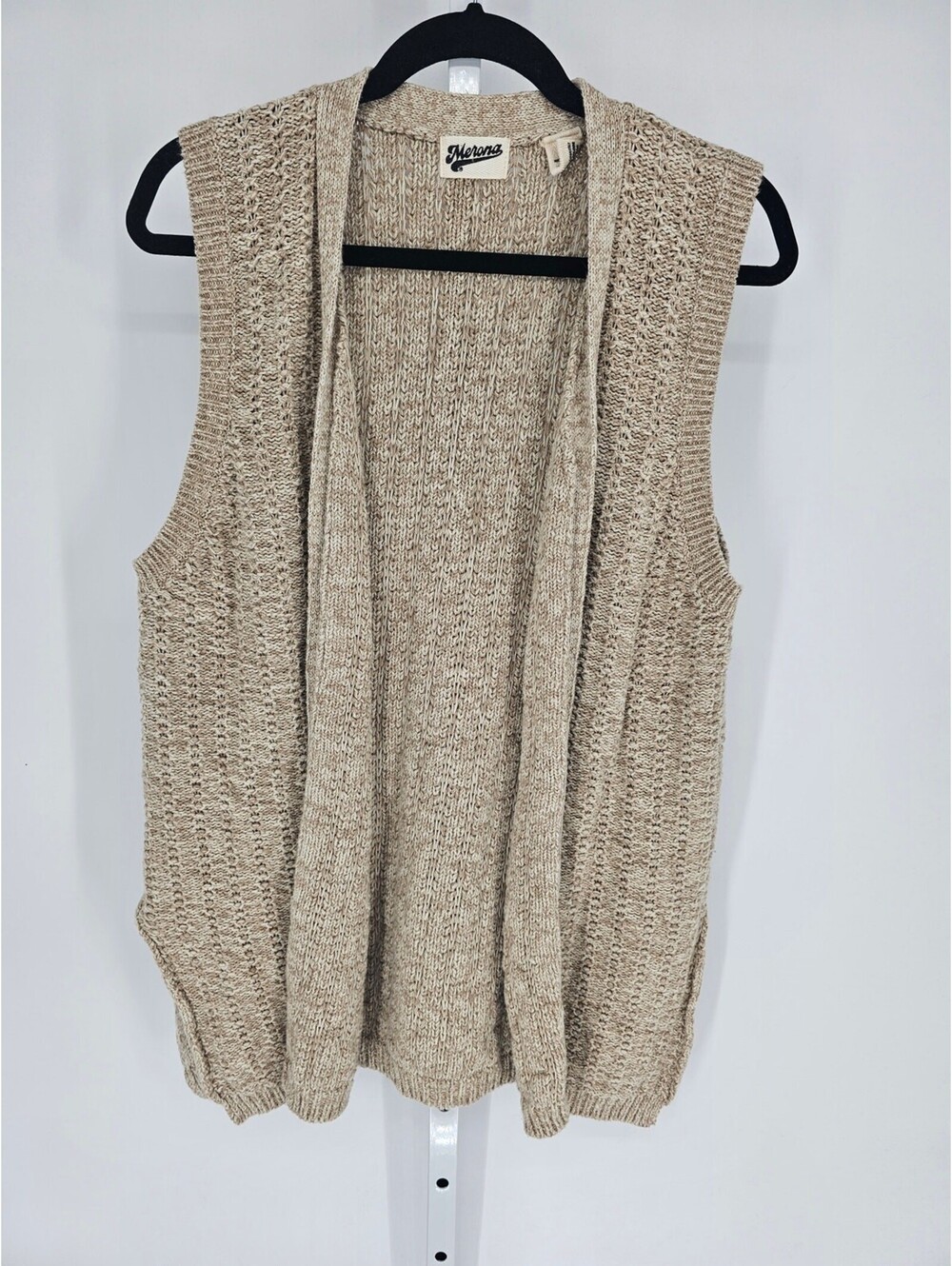 Merona Womens Sz L Linen Blend Open Front Cardigan Vest Sweater Tan